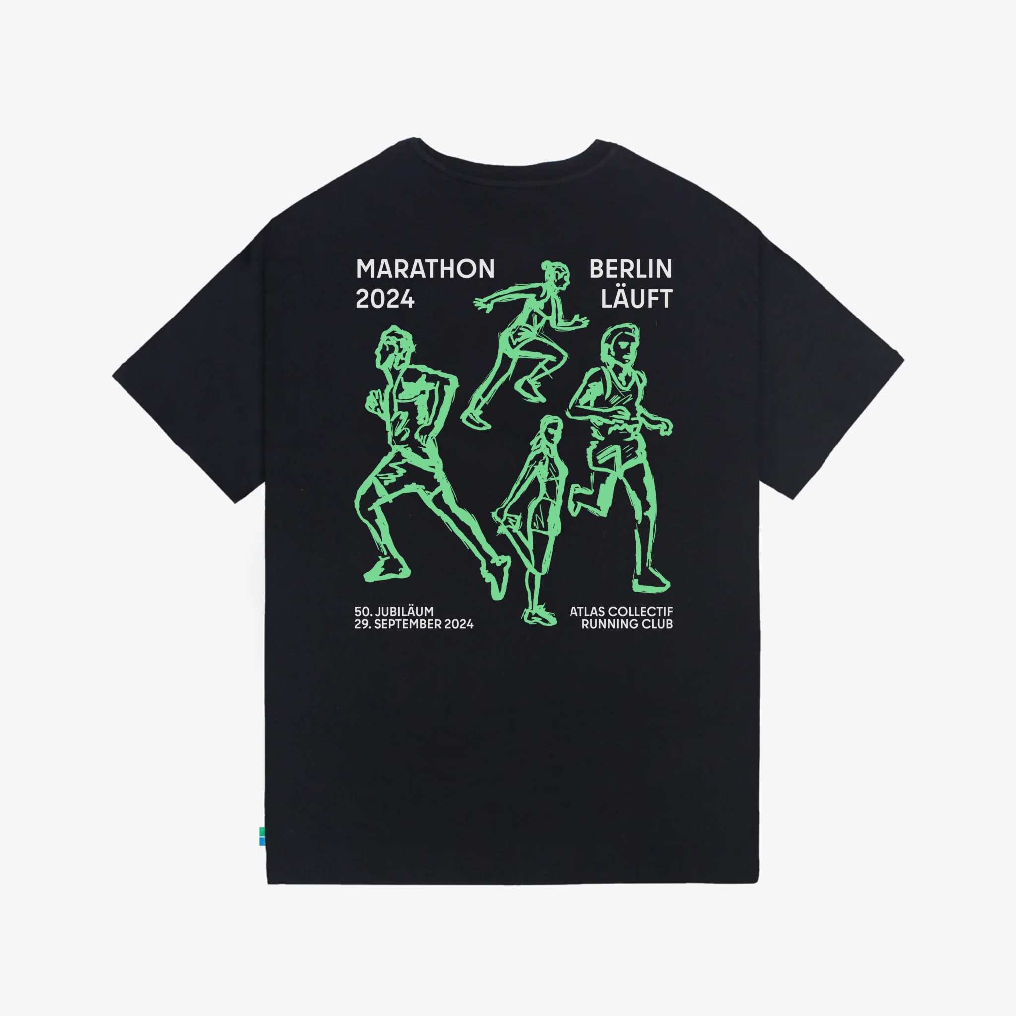 BRLN 50th MRTHN Organic Tee, black, featuring vibrant green marathon runner graphics, celebrating Berlin Marathon's 50th anniversary.